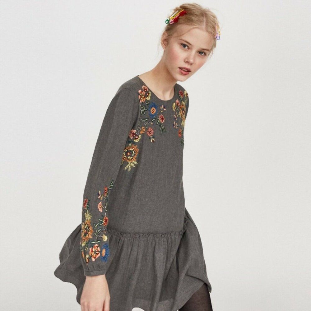 Zara Embroidered Beaded Grey Ruffle Dress size S